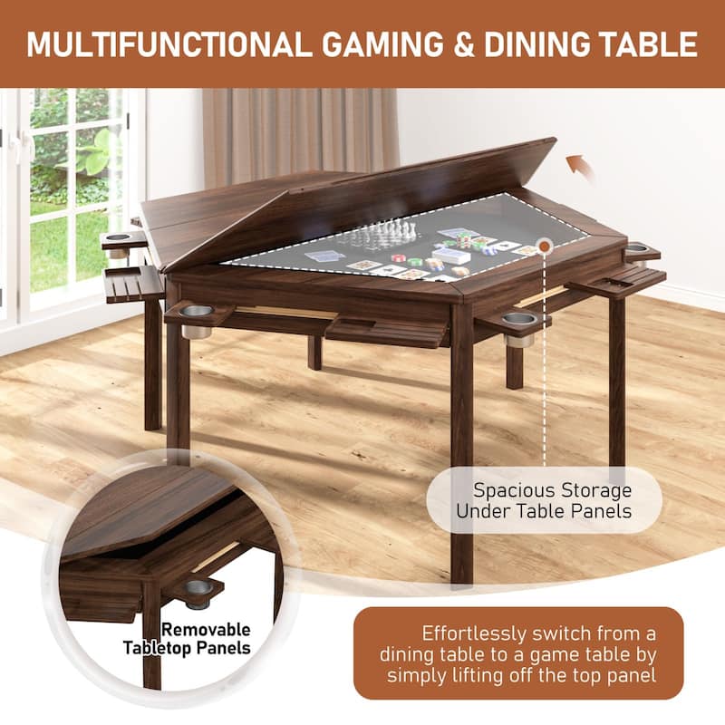 VEIKOUS Multifunctional Rubberwood Game Table, 4-in-1 Board Game Table with Removable Top for Dining, Card Games, Chess
