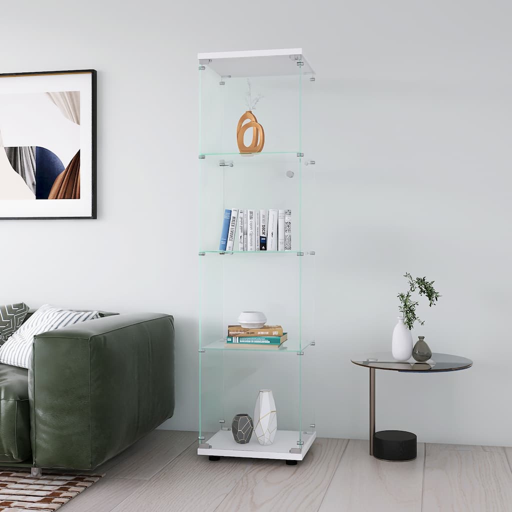 Glass Display Cabinet 4 Shelves with Door, Floor Standing Curio Bookshelf for Living Room Bedroom Office