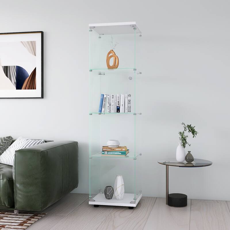 Glass Display Cabinet 4 Shelves with Door, Floor Standing Curio Bookshelf