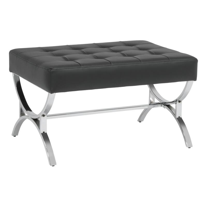 Newel Modern Blended Leather and Chrome Metal Frame Square Ottoman - Black