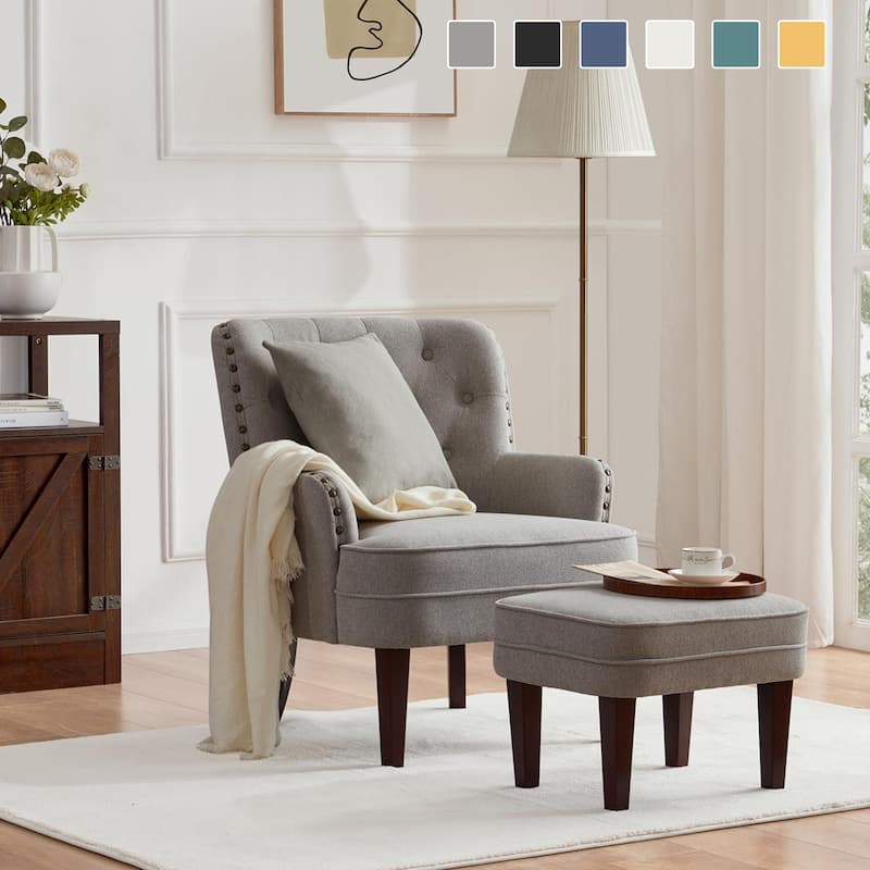 Club Chair Upholstered Button Tufted Accent Chair with Ottoman and Pillow - Grey