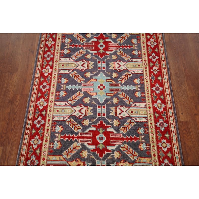 Geometric Kazak Accent Rug Hand-Knotted Blue Wool Carpet - 2'9" x 4'1"