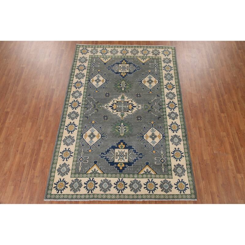 Hand Knotted Oriental 100% Wool Carpet Traditional Geometric Greys & Charcoal Kazak Area Rug - 9' 10'' X 6' 8''