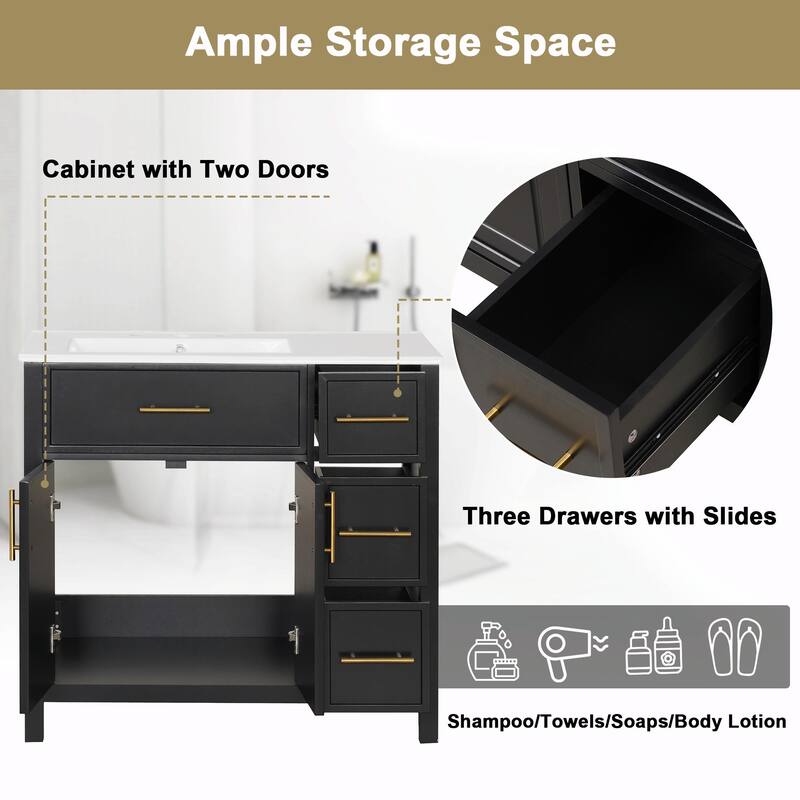 36" Bathroom Vanity with Sink Top, Cabinet with Two Doors and Three Drawers