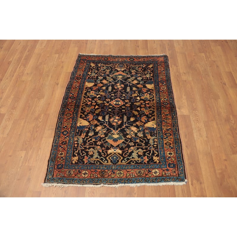 Hand Knotted Oriental 100% Wool Carpet Traditional Floral Navy Blue & Blues Malayer Area Rug - 3' 10'' X 2' 9''