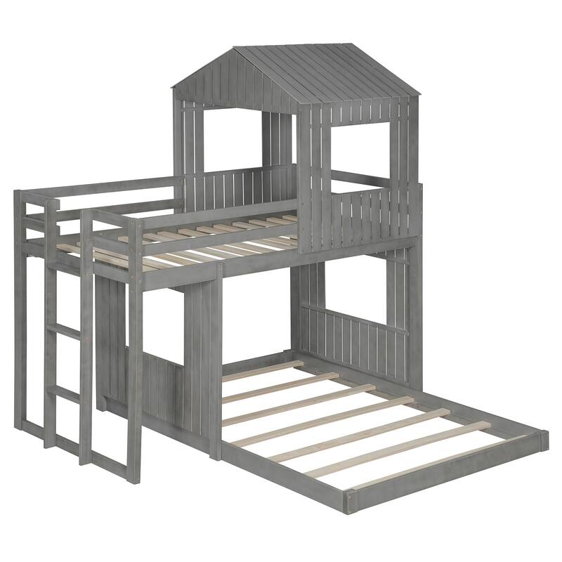 Twin Over Full Bunk Bed with Playhouse, Farmhouse Design, Ladder and Guardrails, Antique Gray