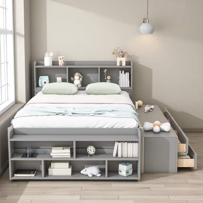Full Size Wooden Storage Bed with Bookcase Headboard, 6 Drawers, and Bed-End Storage Case
