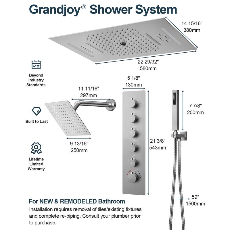 GRANDJOY LED Music Shower System 22" & 6" Dual Shower Heads with Handheld Spray
