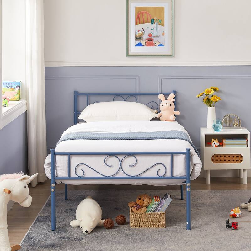 VECELO Kids Bed Frame Set of 2, Metal Bed Frame with Headboard, Twin Size Platform Bed