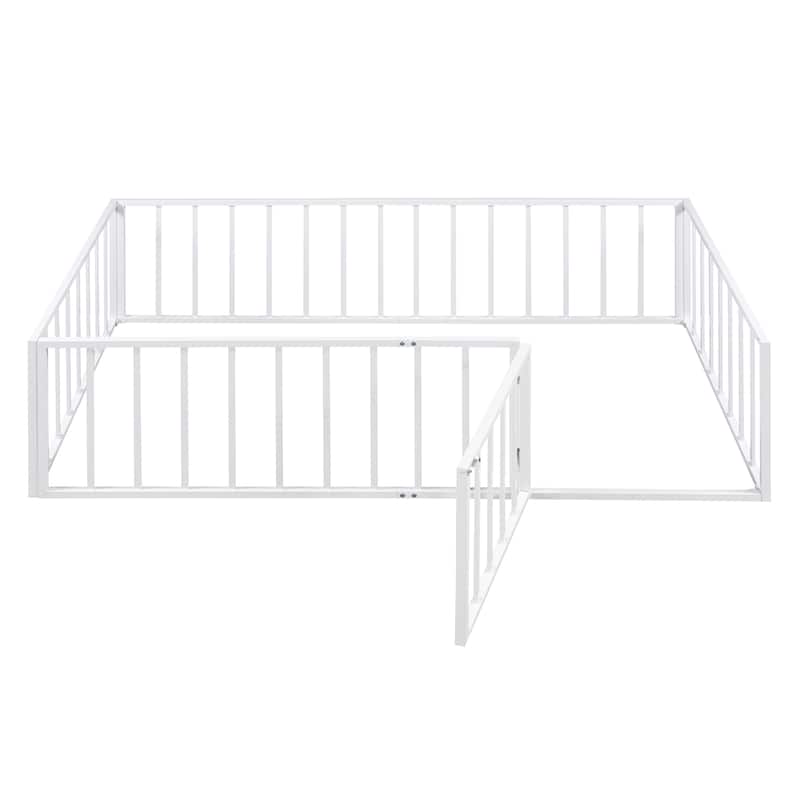 Twin Size Metal Floor Bed Frame with Fence and Door for Kids, Boys and Girls, Bedroom
