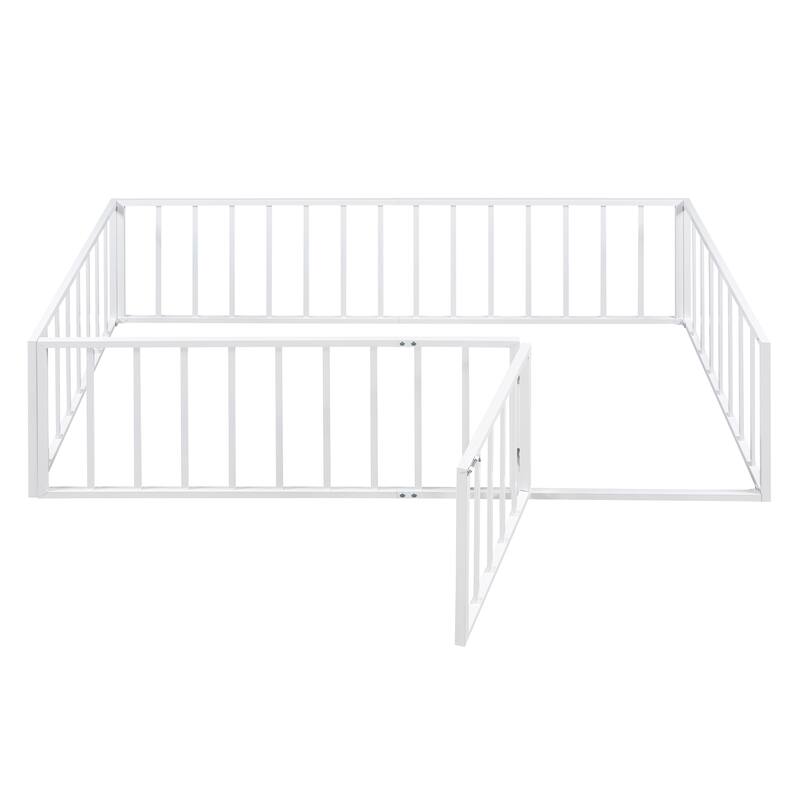 Twin Size Metal Floor Bed with Door and Fence, No Slats, Kids Play Space
