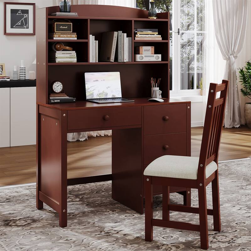 40" Executive Desk and Upholstered Chair Set with Bookshelf,Drawers