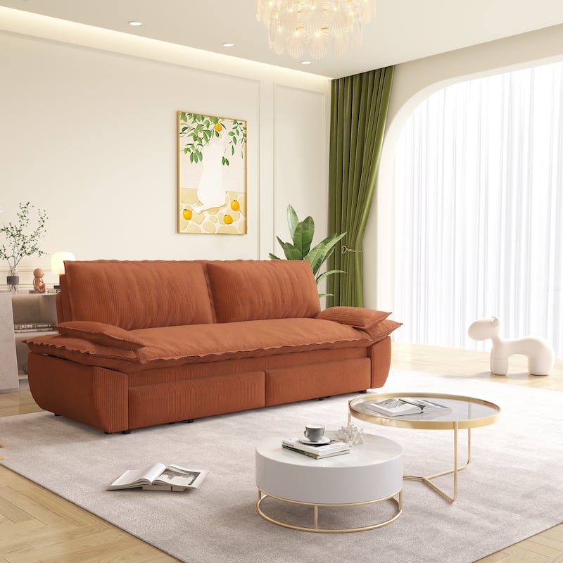 73.2" Queen Pull Out Sofa Bed, 3-in-1 Convertible Sleeper Sofa, Multi-Functional Corduroy Loveseat Bed - Orange