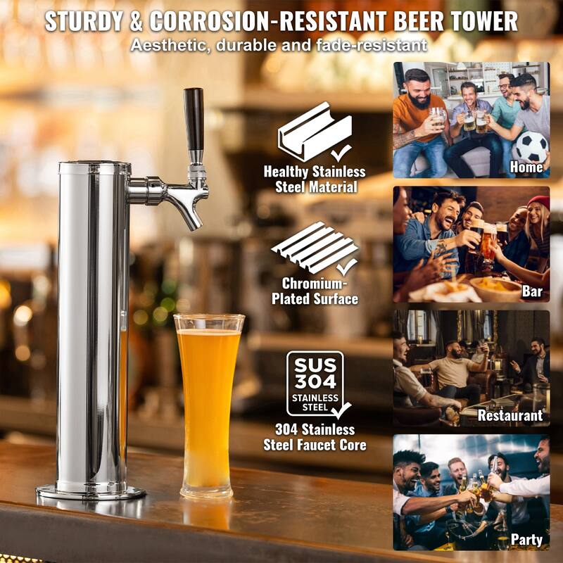 Draft Beer Tower Dispenser, Stainless Steel Keg Beer Tower, Kegerator Tower Kit with Pre-Assembled Tubing