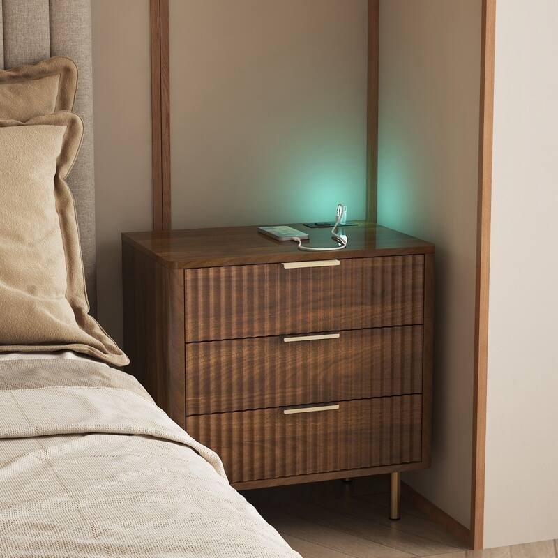 22.83" Modern Nightstand with Night Light and Charging Station - Walnut