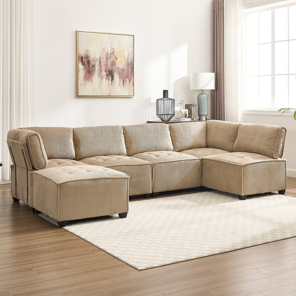 U-Shaped Corduroy Upholstered 6-Seat Convertible Modular Sectional Sofa Fit for Living Room