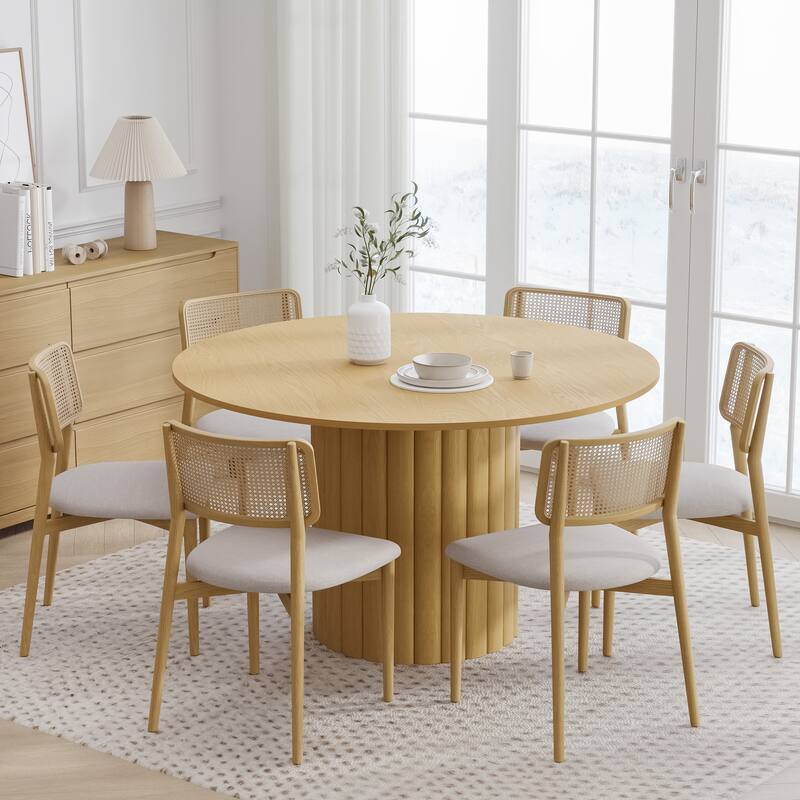 Solid Wood Round Dining Table Kitchen Table with Tabletop & Textured Cylindrical Base - 52 in.W x 30 in.H - Natural+Natural