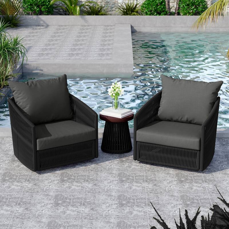 3 Piece Patio Woven Rope Swivel Chair Seating Group with Cushions - Grey