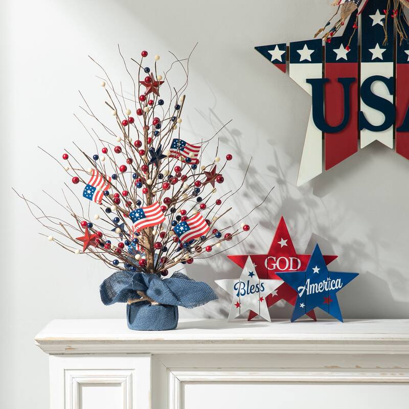 Glitzhome 20"H Patriotic July 4th Berry Stars Table Tree
