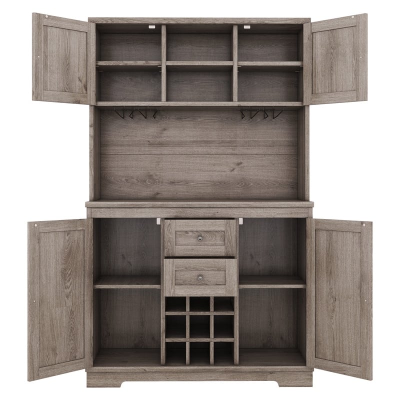 Farmhouse Home Bar Wine Storage Cabinet, Buffet Sideboard Kitchen Pantry with Adjustable Shelves, Drawers & Wine Glass Racks