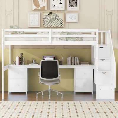 Twin Size Loft Bed Frame with Built-in Desk and Double Storage Drawers