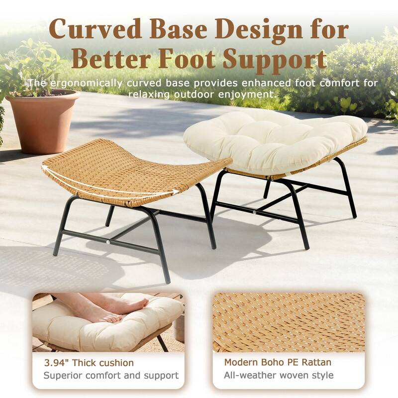 2-Piece Outdoor Wicker Ottomans with Cushions, Weather-Resistant Boho Patio Rattan Footrests for Garden, Porch, and Balcony
