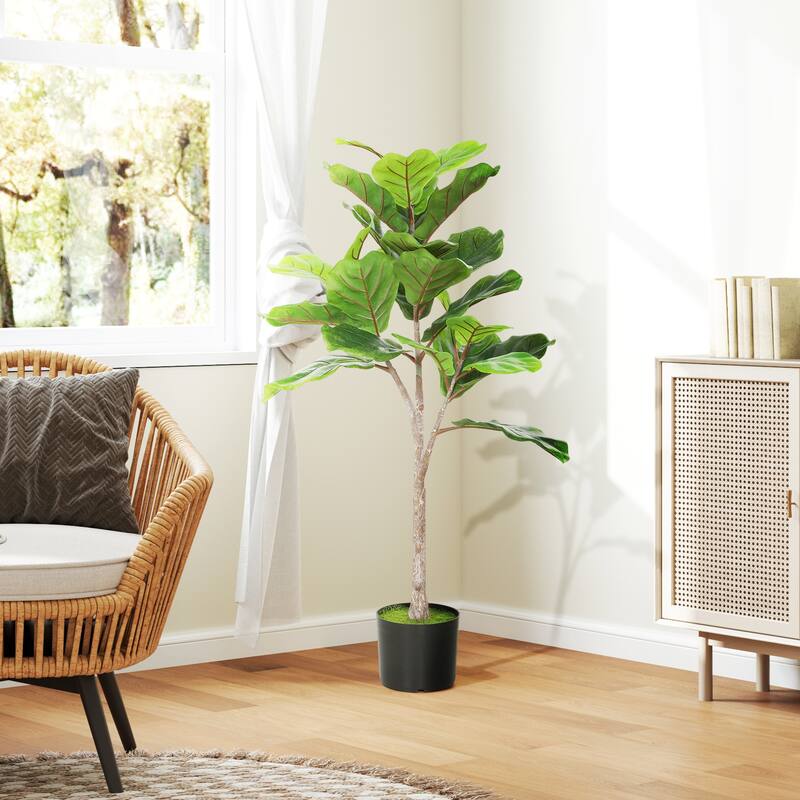 HOMCOM 43" Artificial Fiddle Leaf Fig Tree with 28 PEVA Leaves and Pot, Fake Plant with Flocked Soil for Home Office Living Room