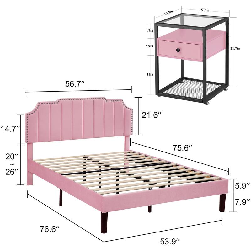 Bedroom Sets, 15 Style Options, 3-pieces Bedroom Set with Height Adjustable Upholstered Bed and Nightstands Set of 2-VECELO