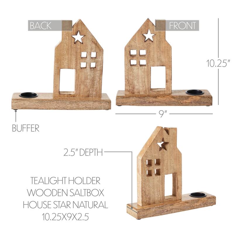 Tealight Holder Wooden Saltbox House w/ Star Natural 10.25x9x2.5 - N/A