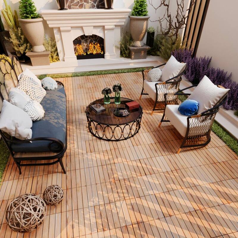 12"x12" Yellow Acacia Hardwood Deck Tiles, Interlocking Striped Pattern for Outdoor Patio, Pool