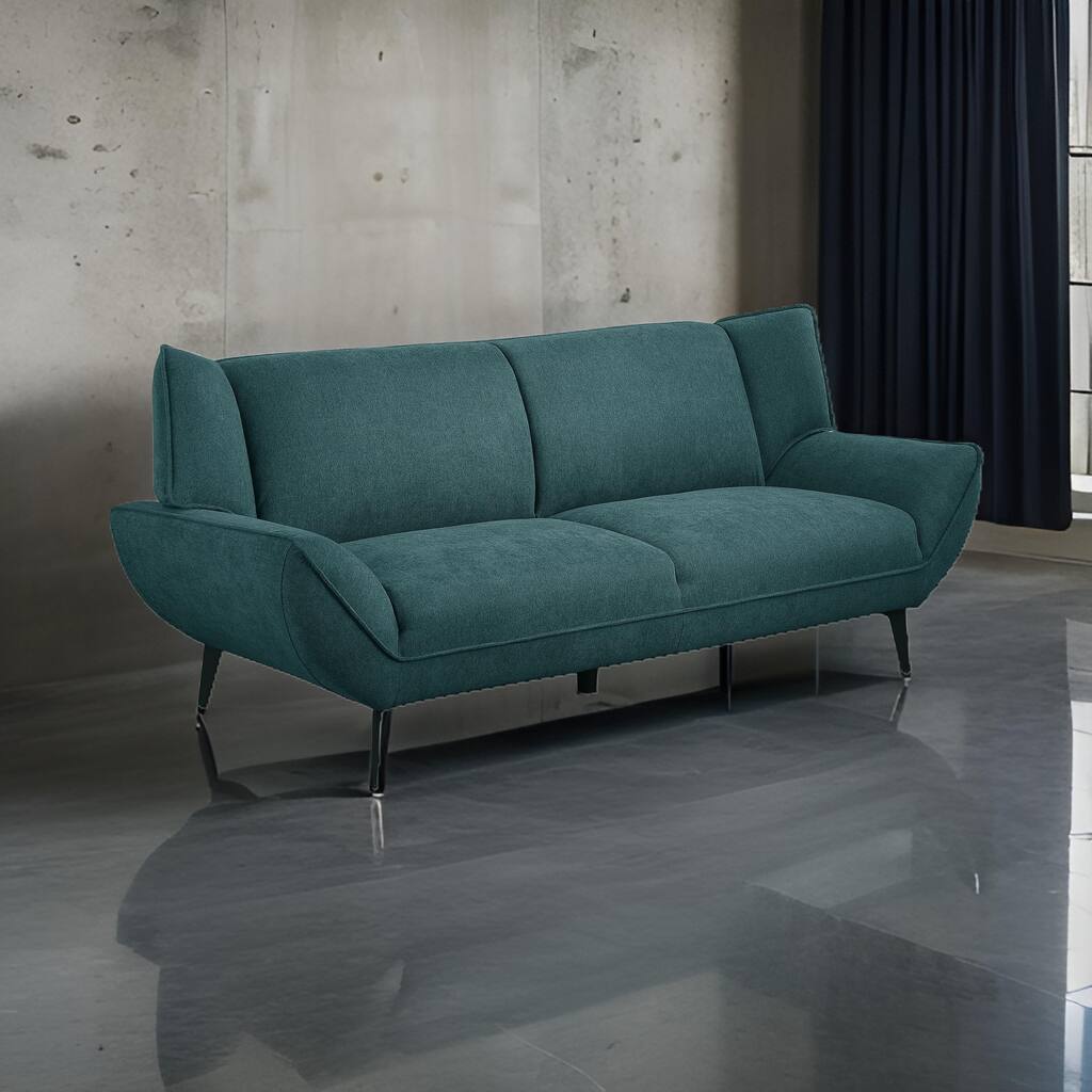 Toer 84 Inch Wide Sofa, Flared Arms, Soft Teal Blue Upholstery, Black Metal
