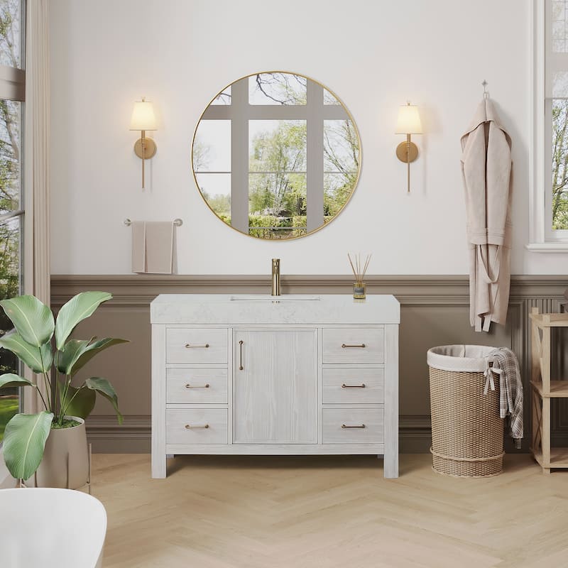 Leon 48 in. Single Bathroom Vanity with Composite Stone Top - 48 in. - Washed White - With Mirror