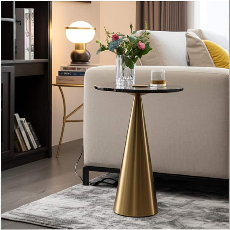 Marble Metal Side Table Round Top Sleek Narrow Base - 22" Grey - 22.25"