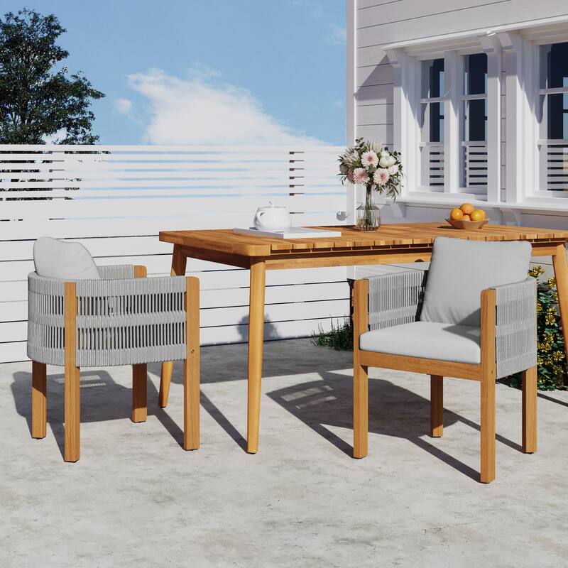 Roomfitters Outdoor Dining Chairs 2-Pack, Acacia Wood Patio Chairs with Rope Weave and Cushions, Weather-Resistant - Grey,Teak