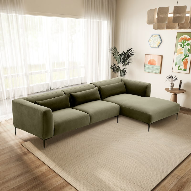 Savenoy Japandi Style L-Shaped Fabric Upholstered Sectional - Green Velvet