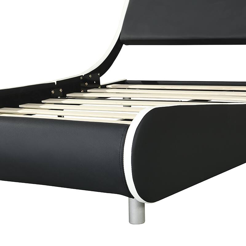 Queen Faux Leather Bed Frame with RGB LED Lighting, Remote/App Control, Wood Slat Support, Curved Design, No Box Spring Need