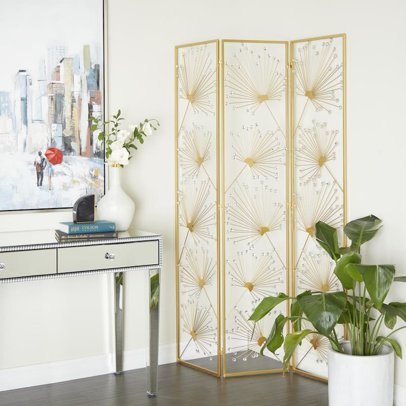 Metal Floral Hinged Foldable Partition 3 Panel Room Divider Screen with Crystal Embellishments - Gold - Roche River Decor