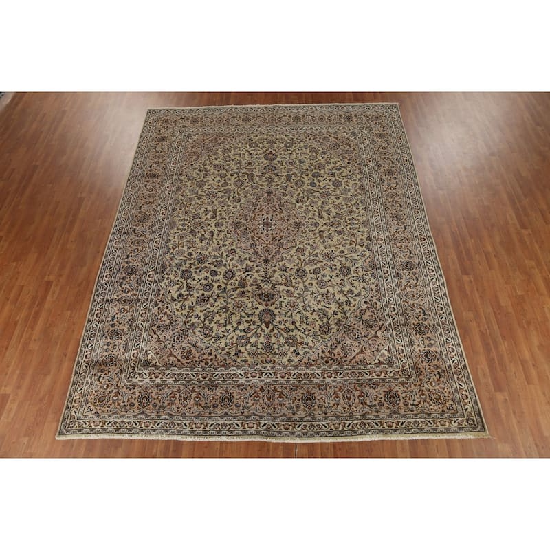 Traditional Green Kashan Persian Vintage Area Rug Handmade Wool Carpet - 9'8"x 12'3"