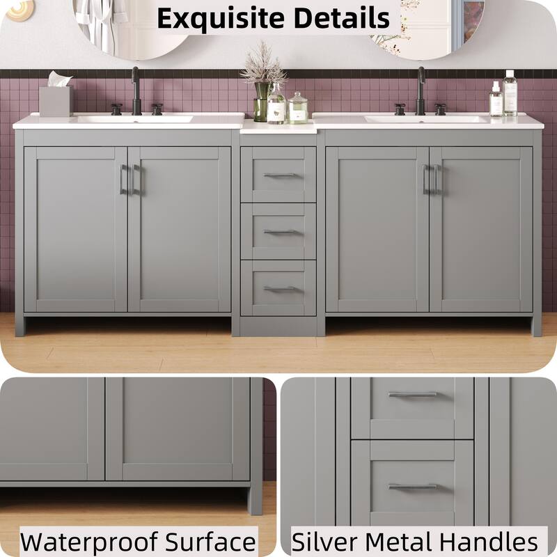 84" Double-Sink Bathroom Vanity with Quartz Countertop, 2 Ceramic Sinks, 3 Drawers, and Adjustable Shelves
