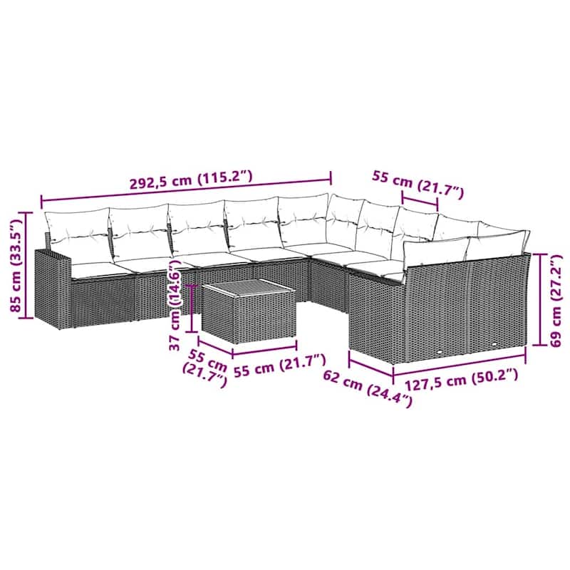 vidaXL Patio Sofa Set with Cushions Outdoor Furniture 11 Piece Poly Rattan