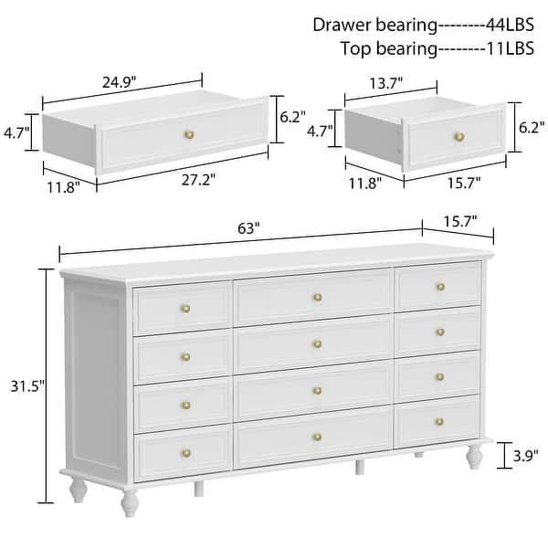 dimension image slide 1 of 4, 63"W Wood Dresser Bedroom Storage Drawer Organizer Closet 12 Drawer