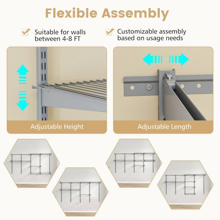 Metal and PP Adjustable Closet Organizer with Shelves and Rods - 96" L x 47.5" H