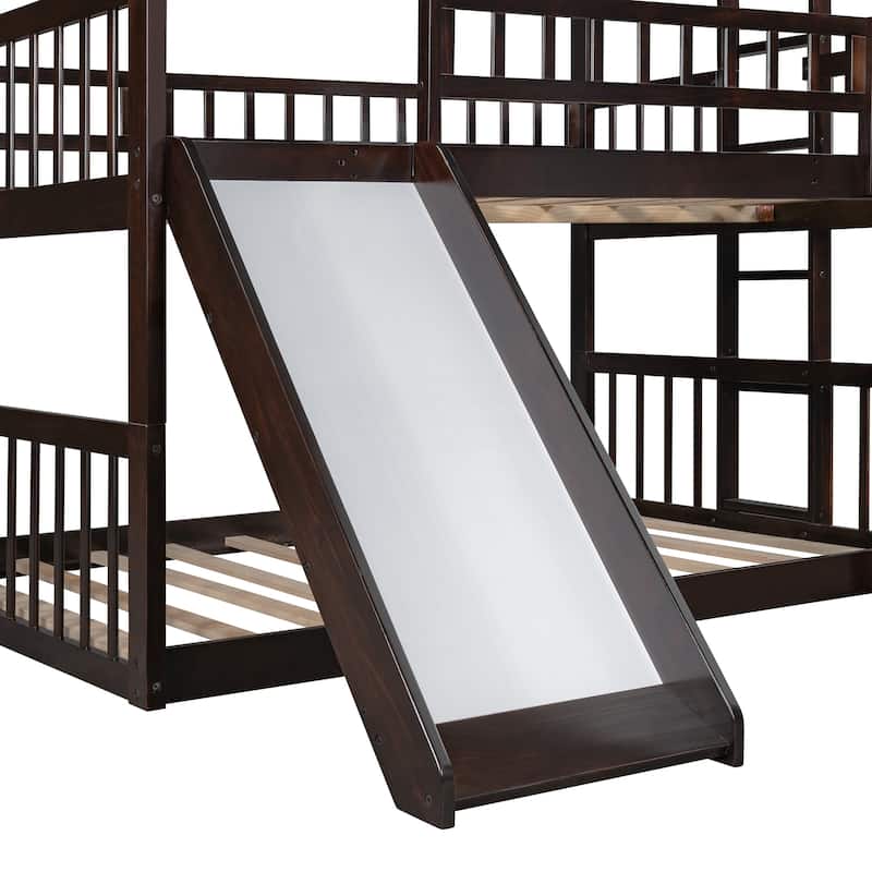 Full-Over-Full-Over-Full Triple Bed with Built-in Ladder and Slide , Triple Bunk Bed with Guardrails