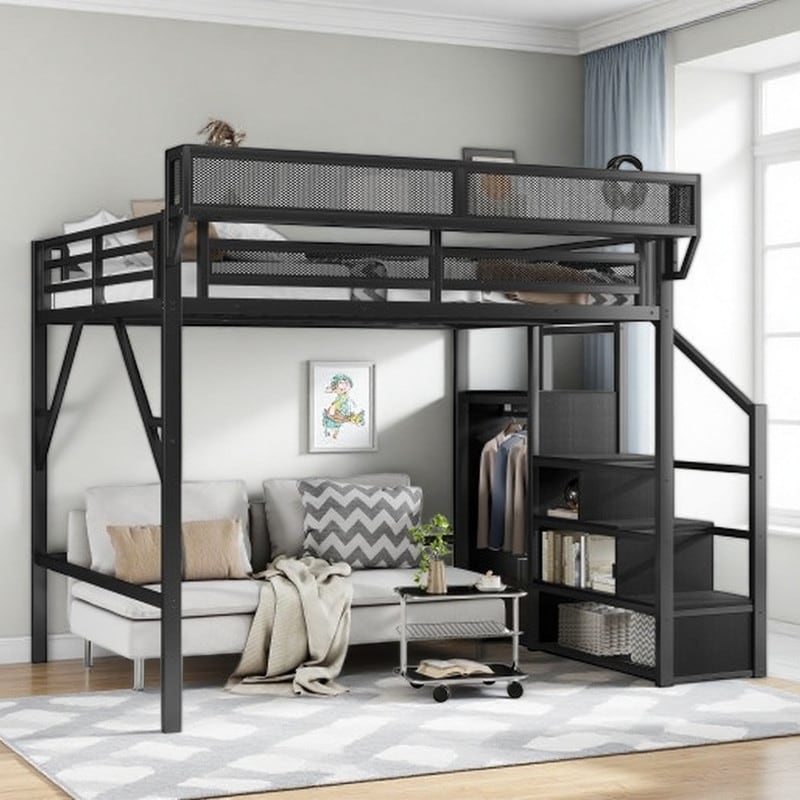 Metal Loft Bed with Reversible Storage Stairs, Built-In Wardrobe and Side Shelves, Underbed Workspace