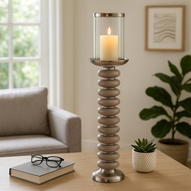 Candle Holder - Pillar with Wood Ring Base