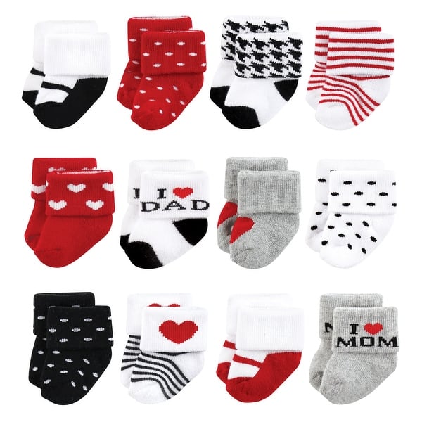 slide 1 of 1, Hudson Baby Infant Girl Cotton Rich Newborn and Terry Socks, Mom and Dad Girl Red Black Mom and Dad Girl Red Black 12-Pack - 0-6 Months