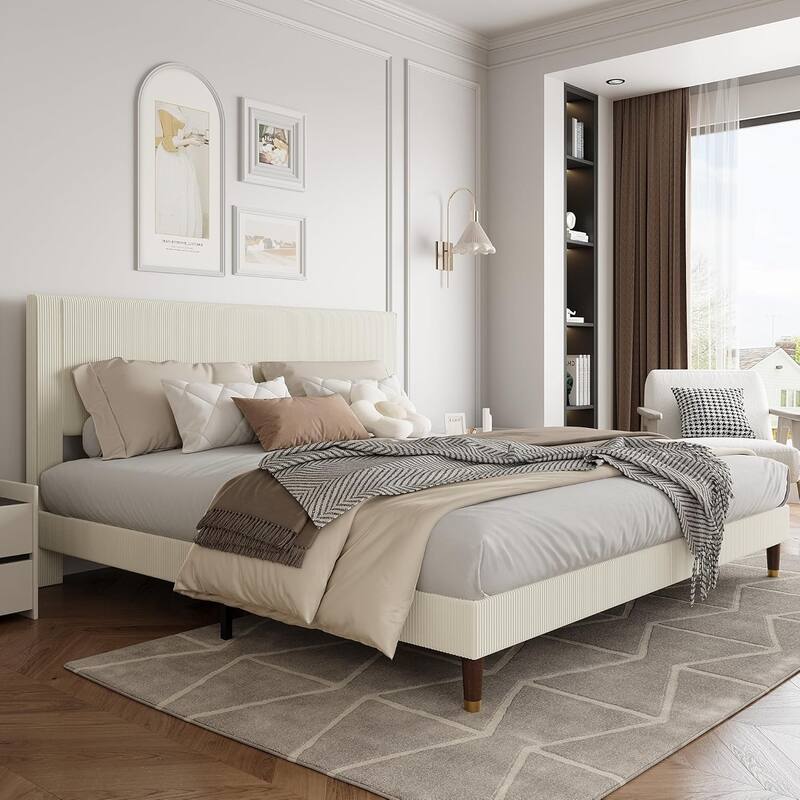 Bed Frame Upholstered Platform Bed with Fabric Headboard, Non-Slip and Noise-Free, Wooden/Metal Slats Support, No Box - Beige - King