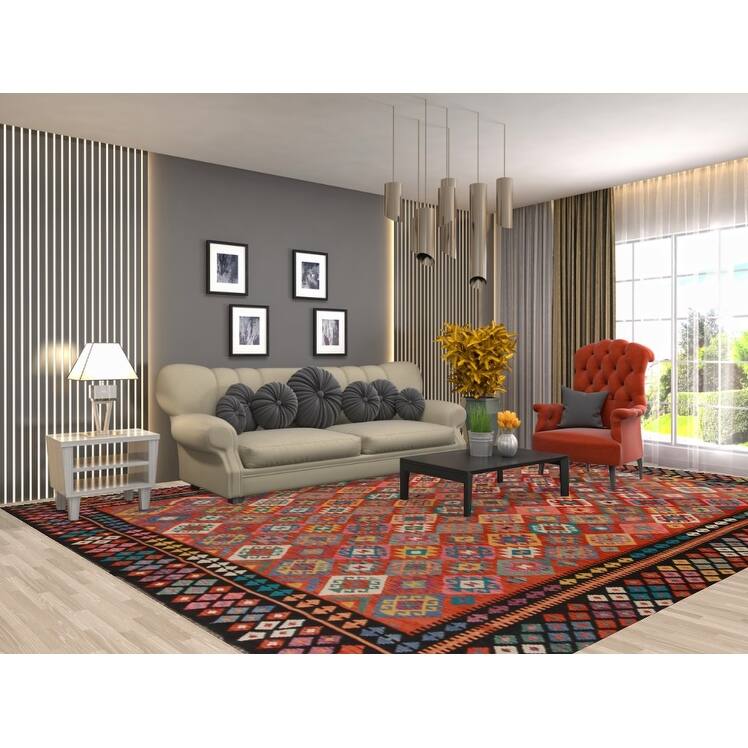 Kilim Oriental Area Rug Flatweave Orange Reversible Wool Carpet - 9'9"x 13'0"
