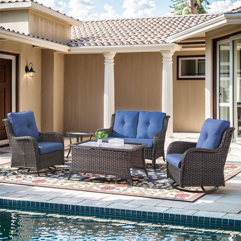 Pocassy 4 Pieces Outdoor 4 Inch Sofa Swivel Chairs Table - Blue cushion - Brown Wicker