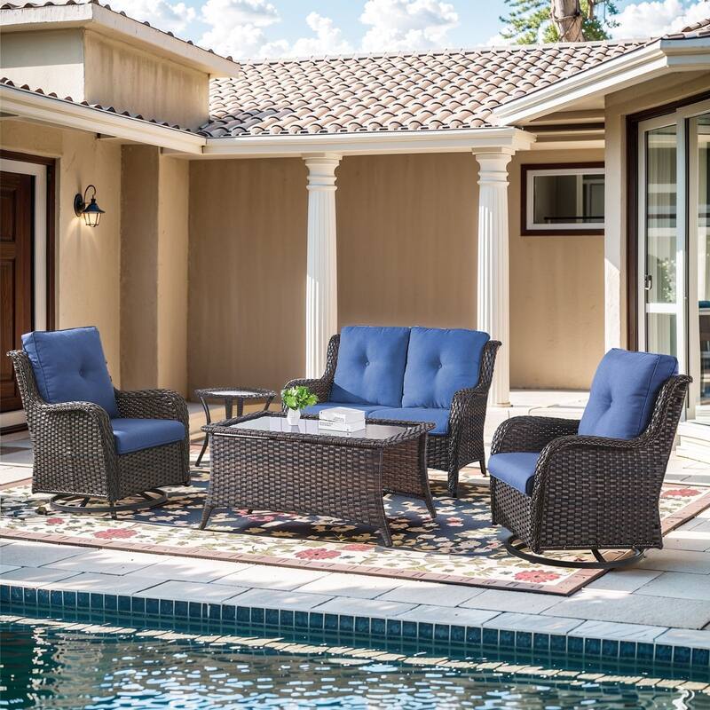 Pocassy Outdoor 4 Inch Sofa Swivel Chairs Table - Brown Wicker Blue Cushion - 4 Pieces 2-Seat Sofa Swivel Chair Table